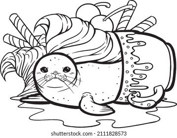 A cute coloring page of a seal in a cup of sundae. A cute, melted, seal puddle. Complete with two scoops of soft serve ice cream, cherries and some wafer stick or rolls.