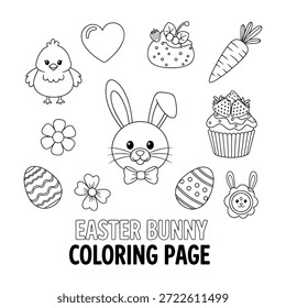 Lindo conjunto de páginas para colorear con conejo de Pascua, huevos, pollito, cupcake y flores para niños actividad