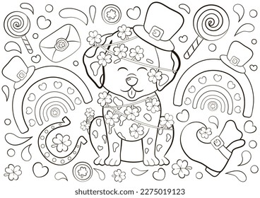 Cute coloring page for St Patrick's Day with Dalmatian character in shamrock garland and lucky hat, printable game for kids, black and white doodle for children