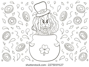 Cute coloring page for St Patrick's Day with dog character in cauldron and lucky coins around, printable game for kids, black and white doodle for children
