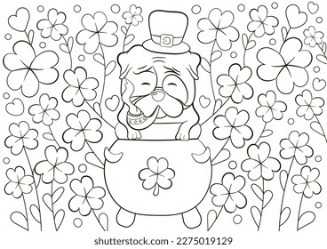 Cute coloring page for St Patrick's Day with pug character in lucky hat smoking tube in cauldron and clover around, printable game for kids, black and white doodle for children