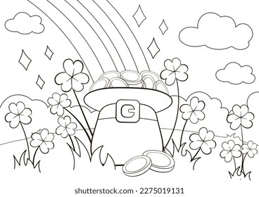 Cute coloring page for St Patrick's Day with lucky leprechaun hat and clover with coins, printable game for kids, black and white doodle for children