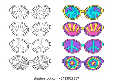 Lindo para colorear, gafas de sol vintage estilo años 70. Elementos de garabato retro de neón multicolor y contorno sobre fondo blanco, una ilustración simple para niños. Imprimir con rayas, sol, estrella