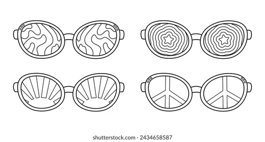 Cute coloring page, vintage sunglasses in 70s style. Black and white contour retro doodle elements on a white background, simple illustration for children. Print with streaks, sun, star and peace sign