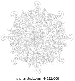 Cute coloring page of zentangle. Abstract doodle background. Good for cards, invitations, party, bag, t-shirt, relax. Indian east style. Coloring round ornament. Vector illustration