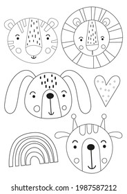 Cute coloring pages indoor activities for kids. Safari animals vector illustration