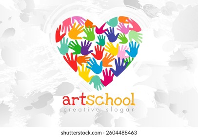 Cute coloured heart design with bright palms backdrop and isolated clipping mask in black and white style watercolor texture, art school educational template. Banner concept. Abstract artistic element