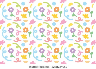 Cute and colourful abstract background with various shapes. Pastel colour. Summer print. Vector illustration. Can be used for print, decoration, presentation, banner, poster and many more.