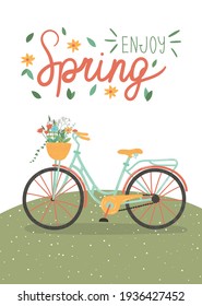 Cute Colourful Bike With Flowers In The Basket. Spring Holidays Concept. Easter And Mother's Day.