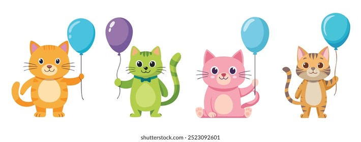 cute colourful cats holding balloons. vector set of cute cats.