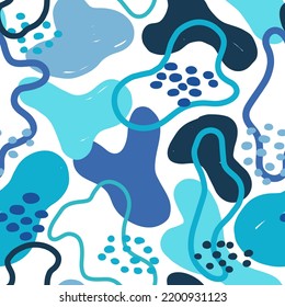 Cute colourful childish abstract vector seamless pattern. Trendy minimalist tile design with amoeba shapes line and dots on white background. Modern textile and surface design.