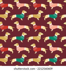 cute colourful Christmas dachshund dog nordic sweater winter seamless repeat pattern on red background