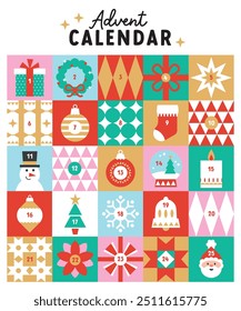 Cute, colourful Christmas holidays advent calendar for December sales, marketing, kids bight fun vector design