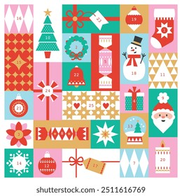 Cute, colourful Christmas holidays advent calendar for December sales, marketing, kids bight fun vector design