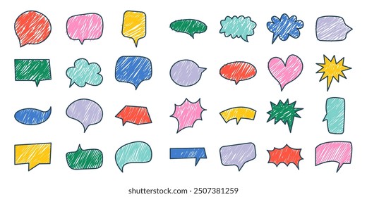 Cute colourful crayon speech bubble set with comic talk balloon doodles.