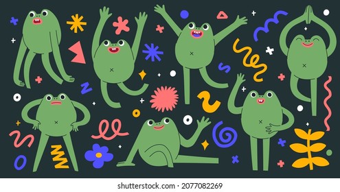 Cute colourful creatures in different poses and showing emotions. Trendy illustration with abstract shapes, doodle objects and lines. Set of stickers with monsters. Isolated hand-drawn elements.