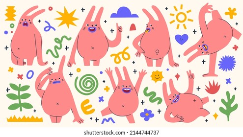 Cute colourful creatures in different poses and express emotions. Trendy illustration with abstract shapes, doodle objects and lines. Set of stickers with monsters. Contemporary isolated elements