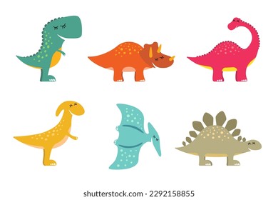 Cute colourful dino set. Kind smiling dinosaur collection. Cartoon graphic brontosaurus, tyrannosaurus rex, pterodactyl, triceratops, stegosaurus and parasaurolophus design. Creative hand drawn prints