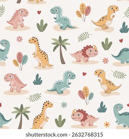 Cute colourful dinosaurs. Seamless pattern. Vector illustration