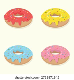 Donuts coloridos lindos con diferente glaseado. Dulce postre Ilustración vectorial de alimentos.