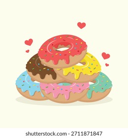 Donas coloridas lindas con diferentes glaseados y corazoncitos alrededor. Dulce postre Ilustración vectorial de alimentos.