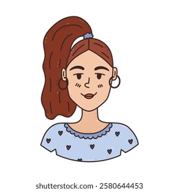 Cute colourful doodle portrait hairstyle of young smiling girl with ponytail, earrings, naive shirt with hearts. Hand drawn woman avatar for social media, design, poster. Female character isolated.