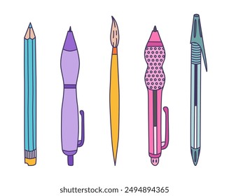 Cute colourful doodle set of back to school stationery with hand drawn outline. Collection of pencil, pen with cap, mechanical, brush. School supply and stationary for study, work, write, draw