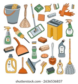 Cute colourful doodle set with cleaning accessories and washing products. Hand drawn cartoon dust brush, spray, bucket, mop, chemical agent, gloves. Cartoon line collection isolated on white.