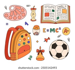 Lindo juego de doodle colorido con útiles escolares para niños. Colección dibujada a mano de la mochila, libro de texto abierto, globo, paleta de pintura, núcleo de manzana, balón de fútbol. Volver a la escuela esbozo Clipart para el estudio, el trabajo.