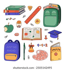 Cute colourful doodle set with kids school supplies. Hand drawn collection with outline of schoolbag, textbook, stationery, snack, science formula, palette,. Back to school for study, draw, work