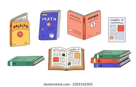 Cute colourful doodle set with school textbook for different subjects. Kids academic book, literature, encyclopedia. Back to school supply for study, reading, learning. Hand drawn isolated clipart.