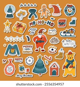 Cute colourful doodle sticker set for Xmas, New Year, Yuletide for planners, diary. Ready for print list of merry stickers with greeting lettering, holiday elements. Christmas hand drawn clipart.