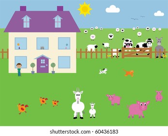 Cute colourful farm animals and farmhouse vector illustration