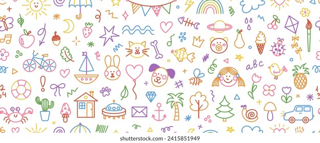 Cute colourful hand drawn doodle vector seamless pattern of simple kids decorative elements. Collection of scribble, animal, flower, sun, cloud