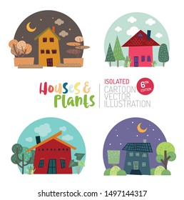 Cute and colourful houses and plants isolated cartoon vector illustration.