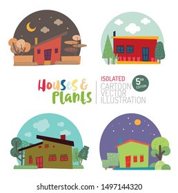 Cute and colourful houses and plants isolated cartoon vector illustration.