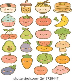 Bonito e colorido kawaii ícone de comida conjunto com sushi, chá de boba, cupcakes, frutas e vegetais com rostos sorridentes. Perfeito para impressões, planejadores, menus e adesivos digitais de crianças.