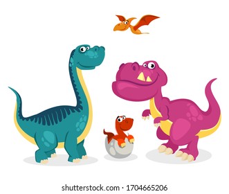 Cute colourful kind dinosaurs in cartoon style set vector illustration. Pink green and red bright dinos creative design. Extinct type of animal concept. Isolated on white background