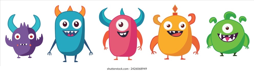 Cute Colourful Monsters Vector Set Funny head face colorful silhouette. Cute cartoon kawaii baby character. Eyes horn teeth fang tongue. Hands up, down. Flat design. White background.