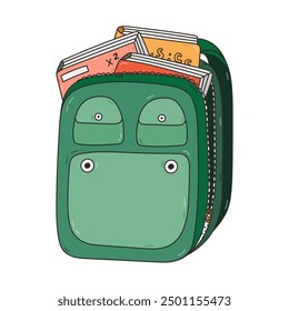 Cute colourful open kids schoolbag with books and notebooks . Doodle back to school rucksack or bag full of school supplies and stuff. Hand drawn outline backpack for children, students.