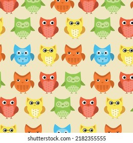 Cute colourful owl faces seamless pattern for childish design of wrapping paper, fabric, textile, baby card, poster, invitation, graphic, print. Flat cartoon doodle vector illustration