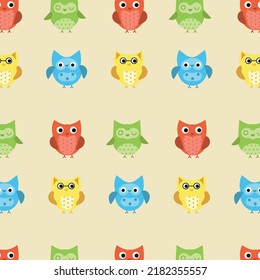 Cute colourful owl faces seamless pattern for childish design of wrapping paper, fabric, textile, baby card, poster, invitation, graphic, print. Flat cartoon doodle vector illustration