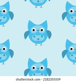 Cute colourful owl faces seamless pattern for childish design of wrapping paper, fabric, textile, baby card, poster, invitation, graphic, print. Flat cartoon doodle vector illustration