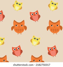 Cute colourful owl faces seamless pattern for childish design of wrapping paper, fabric, textile, baby card, poster, invitation, graphic, print. Flat cartoon doodle vector illustration