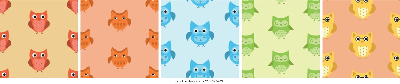 Cuto colorido rostros de búho conjunto de patrones sin fisuras para el diseño infantil de papel envoltorio, tela, textil, tarjeta de bebé, afiche, invitación, gráfico, impresión. Ilustración vectorial de dibujos animados planos