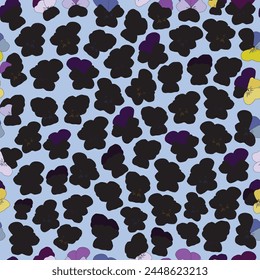 Cute and colourful pansy faces in black outline on light blue background vector artwork seamless pattern