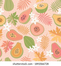 Cute, Colourful Papaya Tropical Fruit Seamless Vector Pattern On A Light Pink Background. Pink, Green, Gold Leaves And Fruit.