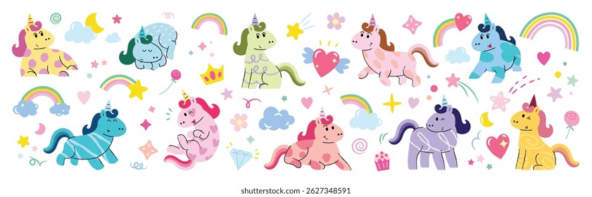 Conjunto de caracteres Bonito Pony Unicorn. Desenho mágico de sonho com pégaso, cavalo, arco-íris, diamante, coroa, rabiscar, flor, estrela. Magical doce desenho animado para crianças, adesivos, impressões, t-shirts, berçário.