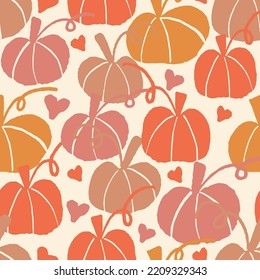 Cute Colourful pumpkins with hearts. cream background pink orange colour pumpkins, curly vine. Seasonal autumn seamless pattern. Vector illustration