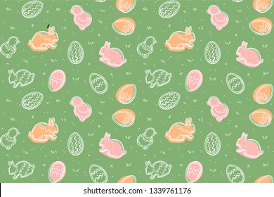 cute colourful seamless Easter pattern simple white outline on green  background